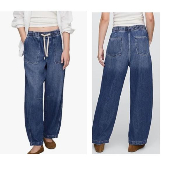 GAP Medium Wash Barrel Horseshoe Leg Pull-On Slouchy Jeans Elastic Waist, Size L - Picture 1 of 8